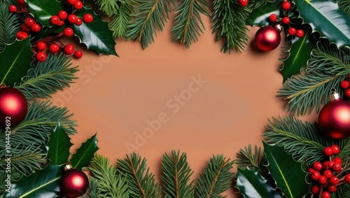 Christmas wreath, holly leaves, red berries, pine branches, red ornaments, festive decoration, peach background, top-down view, symmetrical composition, holiday theme, minimalist design, high contrast