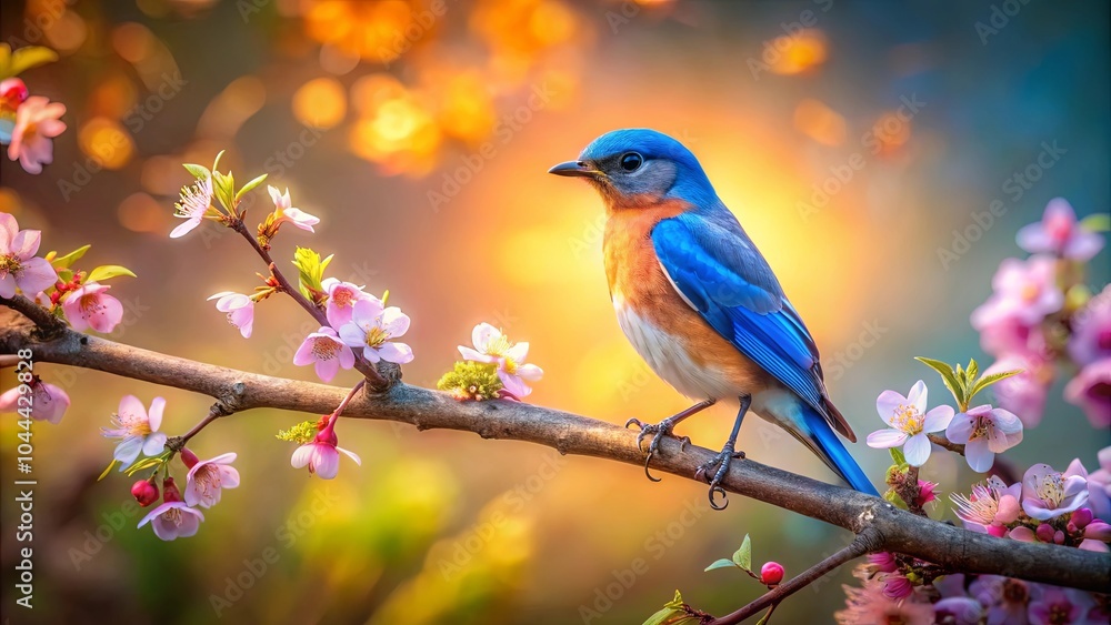 A vibrant blue bird perched on a blooming branch, bathed in the warm glow of a sun-kissed sky. A vibrant blue bird perched on a blooming branch, bathed in the warm glow of a sun-kissed sky.