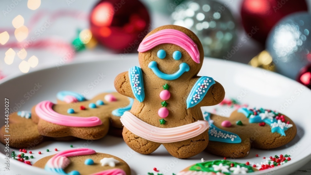 Obraz premium Christmas cookies, gingerbread bears, colorful icing, festive decorations, sprinkles, candy canes, white plate, bokeh lights, holiday spirit, cute designs, pastel colors, whimsical treats, detailed fr
