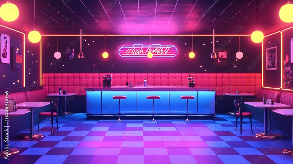 Retro Diner with Neon Lights and Checkered Floor Retro Diner with Neon Lights and Checkered Floor