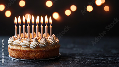 beautifully decorated birthday cake with lit candles creates warm and festive atmosphere, perfect for celebrating special moments. soft glow of candles adds magical touch to scene photo