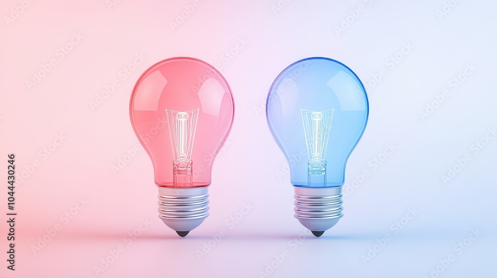 Two light bulbs, one pink and one blue, are lit up Two light bulbs, one pink and one blue, are lit up