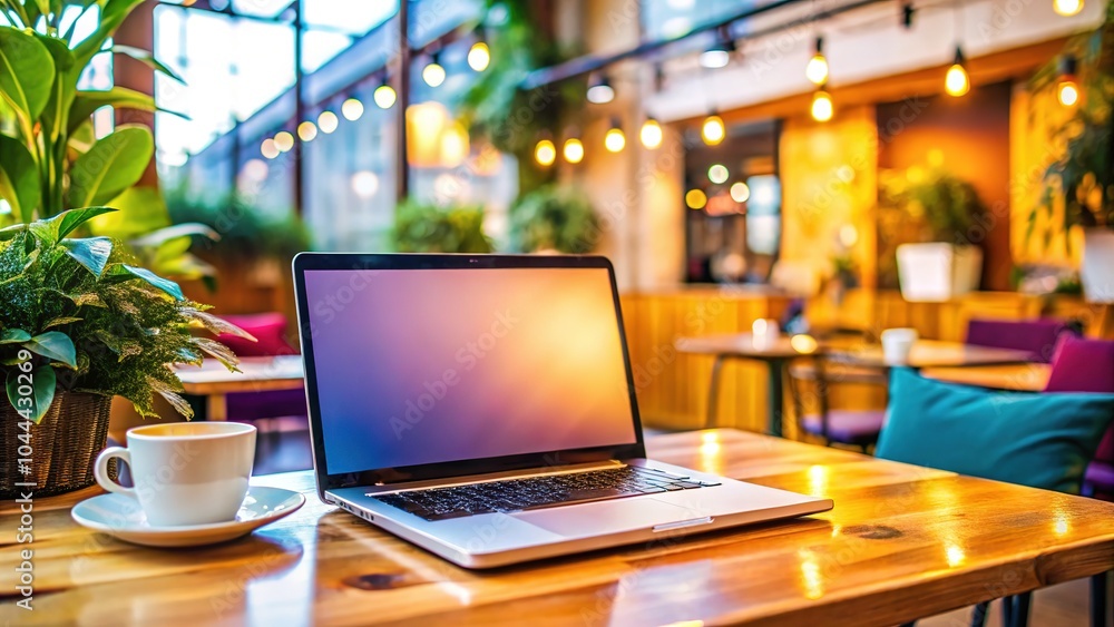In a charming café, a modern laptop sits idle on a wooden table, surrounded by warm lighting, creating an inviting space for creative ideas and work. In a charming café, a modern laptop sits idle on a wooden table, surrounded by warm lighting, creating an inviting space for creative ideas and work.