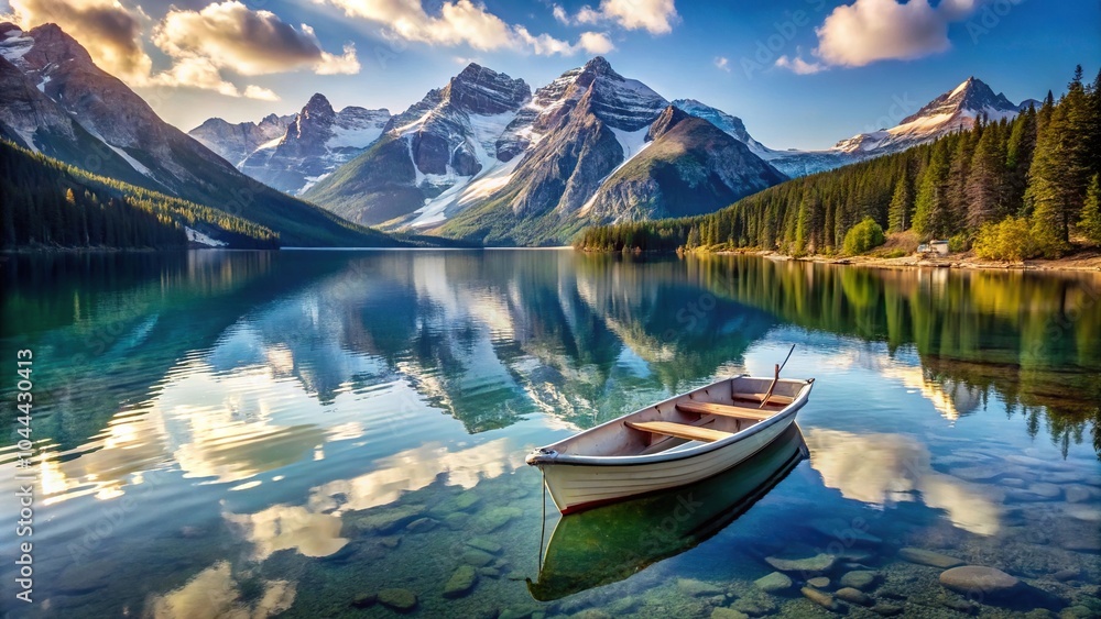 Serene mountain lake with rowboat and snowy peaks high angle view Serene mountain lake with rowboat and snowy peaks high angle view