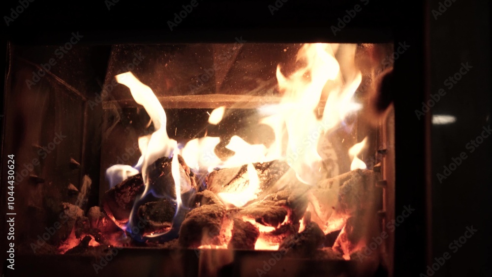 Burning fire logs inside stone fireplace. Christmas holidays at home. Burning fire warming up home. Cozy and warm living room. Close-up sliding footage. Burning fire logs inside stone fireplace. Christmas holidays at home. Burning fire warming up home. Cozy and warm living room. Close-up sliding footage.