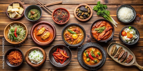 Assortment of Korean traditional dishes on a wooden table, Korean, traditional, food, cuisine, side dishes, kimchi, bibimbap photo