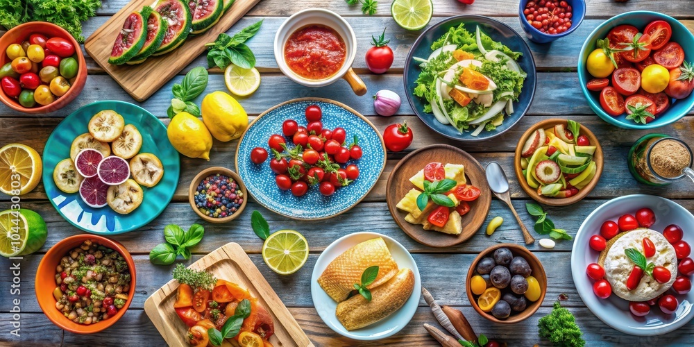 Fototapeta premium Summer table featuring a variety of fresh and colorful dishes, summer, table, food, picnic, outdoors, seasonal, fruits