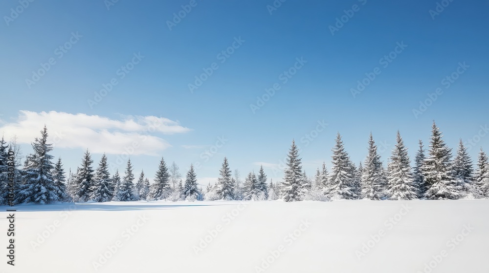 A serene winter landscape of snow-covered trees in a frosty forest with a clear blue sky and snowy mountains in the background A serene winter landscape of snow-covered trees in a frosty forest with a clear blue sky and snowy mountains in the background