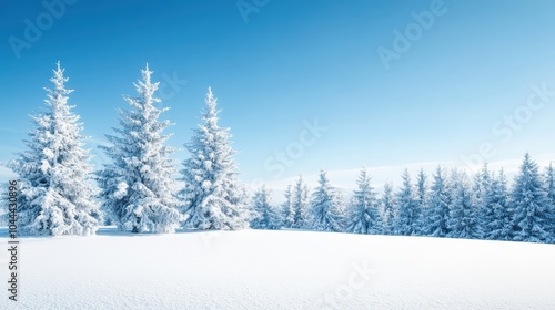 A serene winter landscape of snow-covered trees in a frosty forest with a clear blue sky and snowy mountains in the background