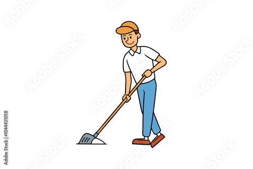 Man sweeping the floor with a mop | isolated vector silhouette illustration on white background