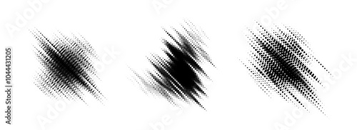 Glitch halftone line element set. Dotted texture diagonal form collection. Grunge jagged comic pop art shapes for banner, poster, collage, overlay, label, box, blot. Distressed vector bundle