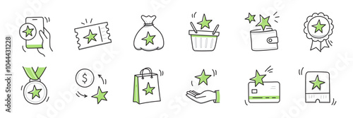 Reward bonus gift icon set. Benefit reward bonus loyalty prize hand drawn sketch line pen stroke style icon. Benefit gift coupon, loyalty card sketch doodle drawn collection. Vector illustration