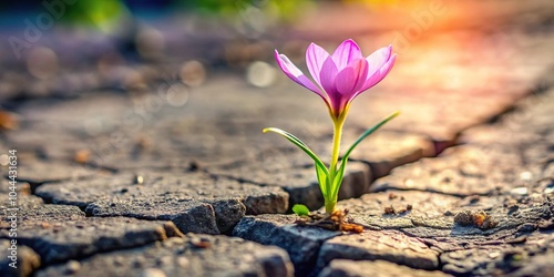 Resilient flower growing out of crack in ground macro