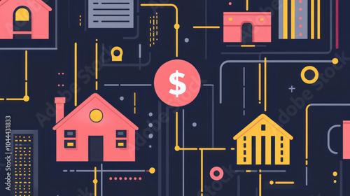 A colorful drawing of houses and buildings with a dollar sign in the middle. The dollar sign is surrounded by a red circle. The drawing has a playful and whimsical mood