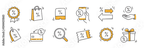 Doodle discount sale icon set. Discount percent, shop sale coupon hand drawn sketch line pen stroke style icon. Special price offer deal sketch doodle drawn collection. Vector illustration