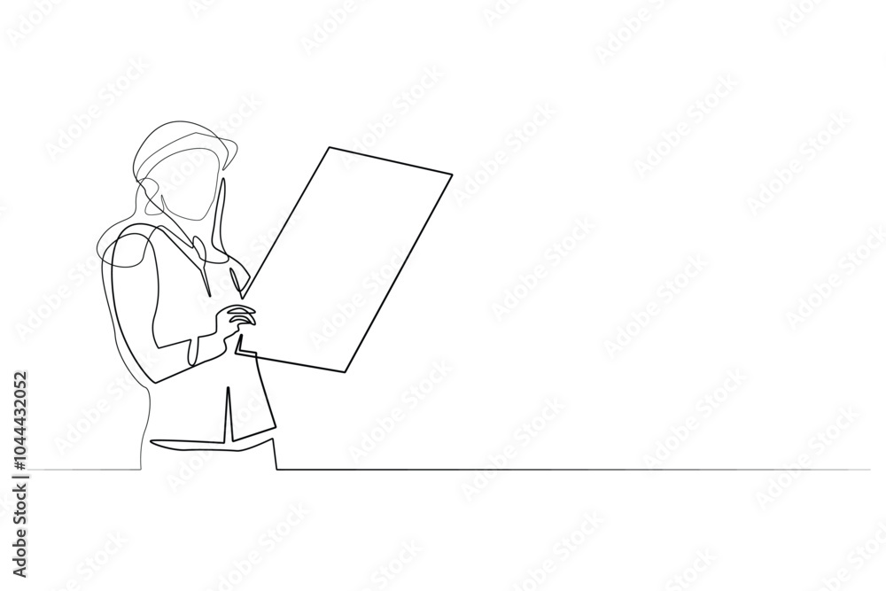 continuous line of young female engineer.one line drawing Beautiful engineer.Female engineer opening paper,reading work plan.single line vector illustration continuous line of young female engineer.one line drawing Beautiful engineer.Female engineer opening paper,reading work plan.single line vector illustration