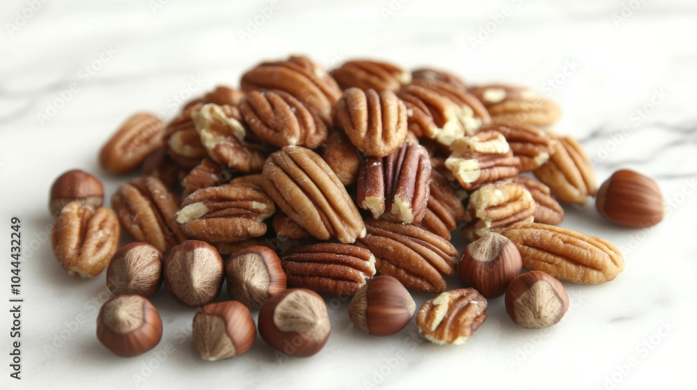 A Pile of Pecans and Hazelnuts on a White Marble Surface A Pile of Pecans and Hazelnuts on a White Marble Surface