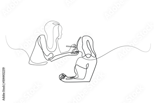 continuous line of makeup artist backstage.one line drawing of artist doing makeup before show.vector line art.isolated white background