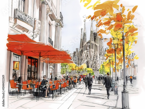 Watercolor illustration of a street cafe in Barcelona with people walking and outdoor seating