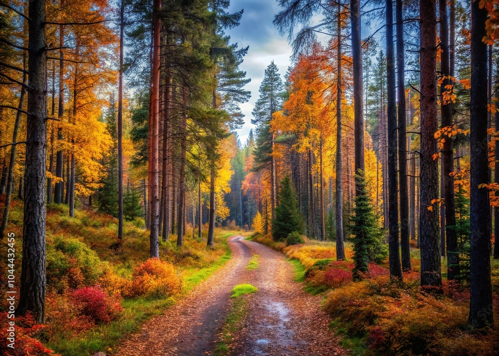 Obraz premium In Finland's dark forest, a winding path shrouded in shadows whispers secrets, as vibrant leaves paint the ground, casting an unsettling air of mystery.