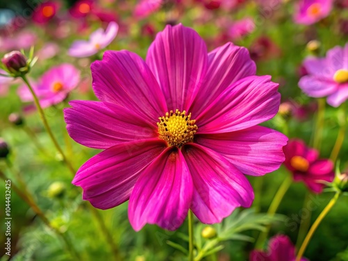 In the garden, a beautiful pink sulfur cosmos flower captivates with its delicate beauty, vividly displayed in selective focus, showcasing nature's intricate details and vibrant hues.