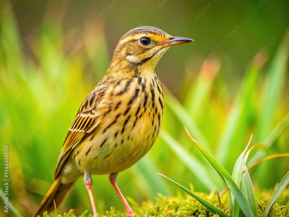 In the lush short grass, a camouflaged Australian Pipit forages skillfully, its subtle plumage mirroring the landscape, embodying the elegance of nature's design. In the lush short grass, a camouflaged Australian Pipit forages skillfully, its subtle plumage mirroring the landscape, embodying the elegance of nature's design.