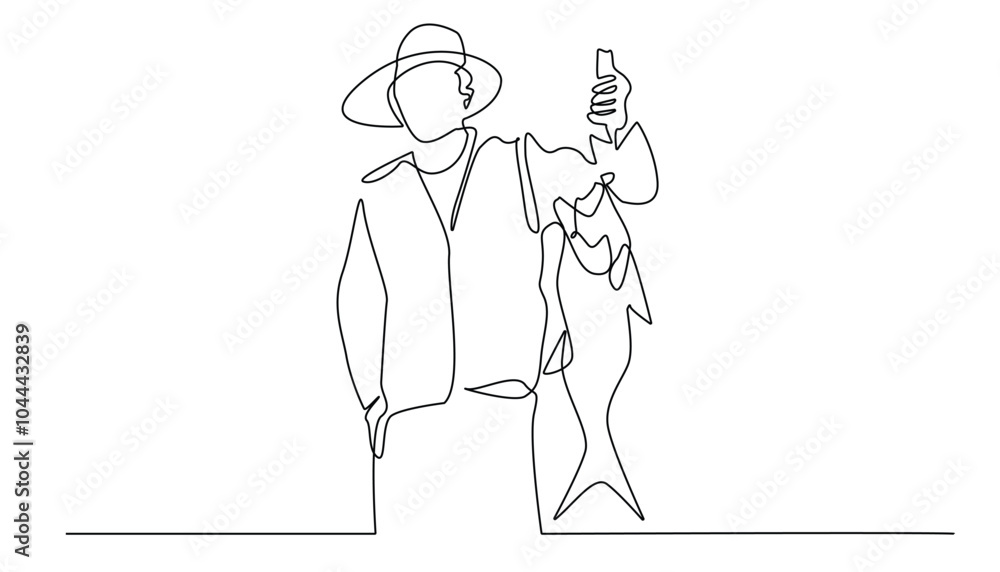 Obraz premium continuous line drawing of fisherman.one line drawing of fisherman lifting big fish.line art of fisherman man showing off caught fish.single line vector illustration.isolated white background