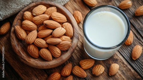 A bowl of almonds with a glass of almond milk on a rustic wooden table photo