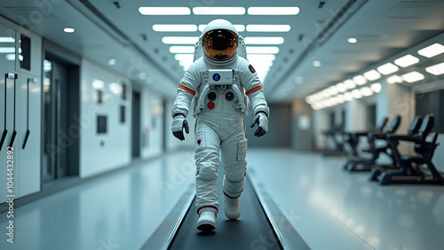 Astronaut Running on a Treadmill in a Spaceship Gym, Space Suit Fitness Routine Concept.