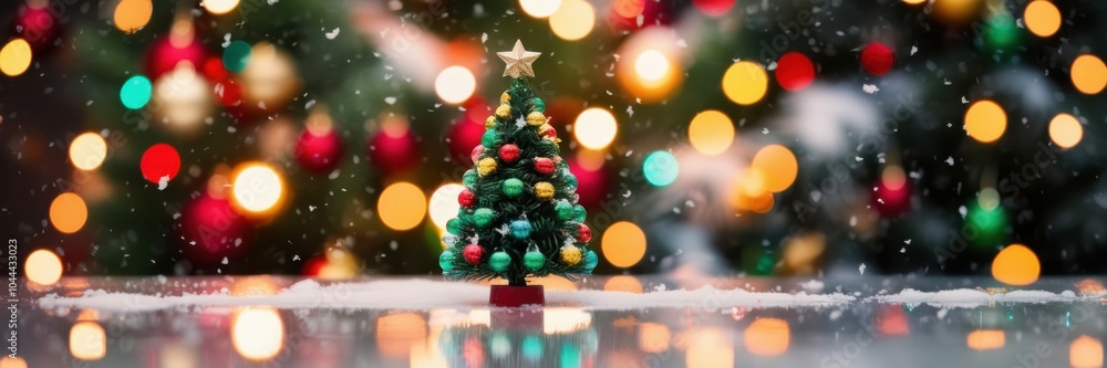 Obraz premium Christmas tree ornaments, colorful bokeh lights, festive decorations, reflective surface, holiday ambiance, glowing spheres, winter scene, magical atmosphere, sparkling lights, blurred background, sea