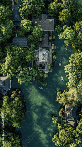 A green river with houses on the banks. A boat is floating on the water. The houses are surrounded by trees