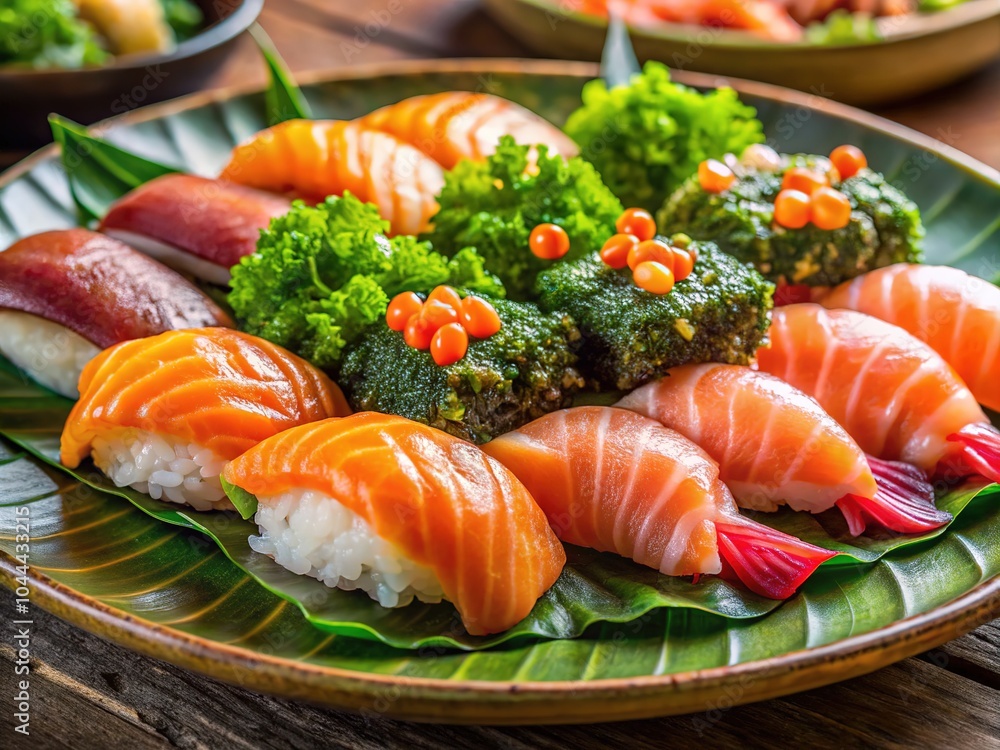 Indulge in a mouthwatering sushi platter with succulent salmon, tender shrimp, and savory wakame—ideal for those craving fresh, flavorful Asian culinary delights. Indulge in a mouthwatering sushi platter with succulent salmon, tender shrimp, and savory wakame—ideal for those craving fresh, flavorful Asian culinary delights.