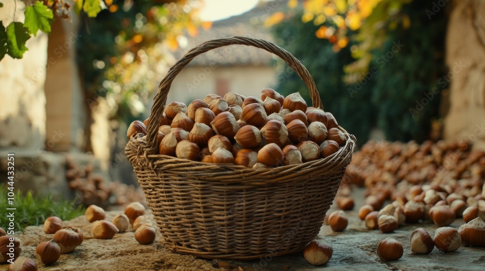 A Wicker Basket Filled with Hazelnuts Resting on a Stone Surface A Wicker Basket Filled with Hazelnuts Resting on a Stone Surface