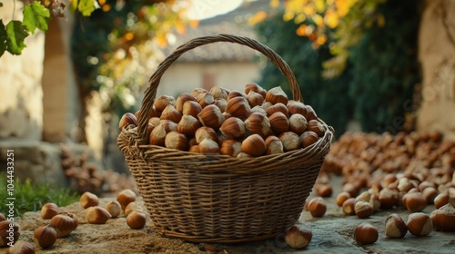 A Wicker Basket Filled with Hazelnuts Resting on a Stone Surface photo