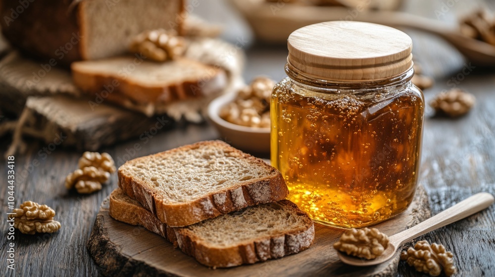 Honey, Walnuts, and Sliced Bread on a Wooden Table Honey, Walnuts, and Sliced Bread on a Wooden Table