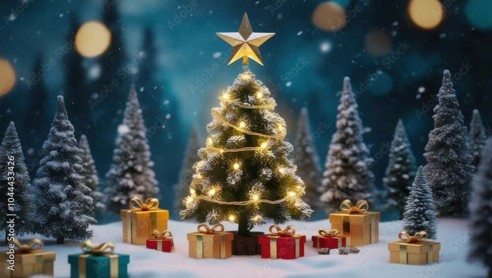 Christmas tree, ornaments, twinkling lights, gift boxes, golden star topper, snowy landscape, bokeh background, festive atmosphere, miniature scene, warm glow, pine trees, winter wonderland, magical s Christmas tree, ornaments, twinkling lights, gift boxes, golden star topper, snowy landscape, bokeh background, festive atmosphere, miniature scene, warm glow, pine trees, winter wonderland, magical s