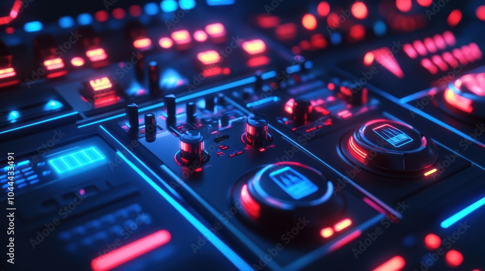 A close-up view of a futuristic control panel with glowing buttons and knobs. A close-up view of a futuristic control panel with glowing buttons and knobs.
