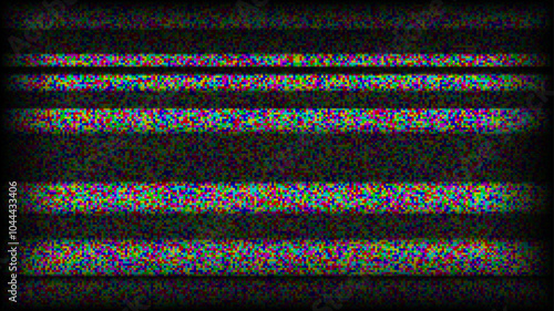 TV static noise background. Glitch bw pixelated television screen. Lost or bad TV signal VHS video with black stripes wallpaper. White noise grain. CRT tv screen with interferences or glitches. Vector