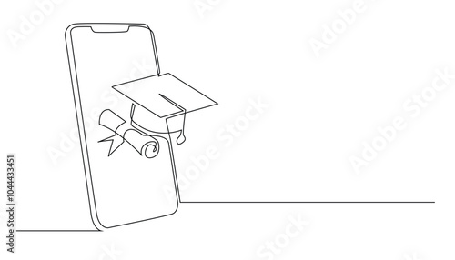 continuous line drawing of graduation cap and cell phone.one line drawing of online education.single line vector of educational services.isolated white background