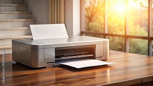 A silver printer sits on a wooden table, ready to print a new page, bathed in the warm glow of a sunlit window. photo