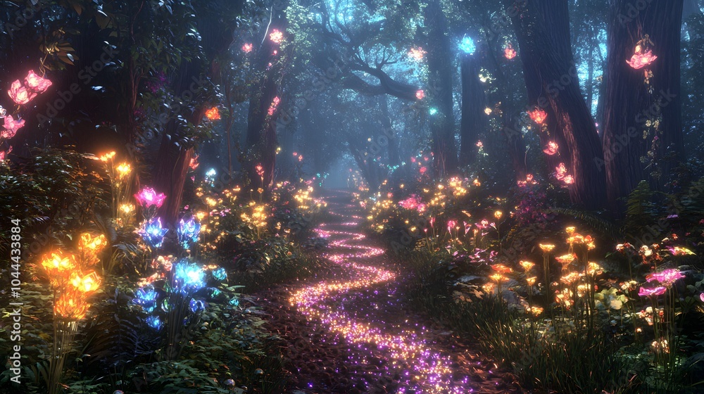 Fototapeta premium A magical forest path winding through towering trees adorned with luminous flowers and glowing creatures