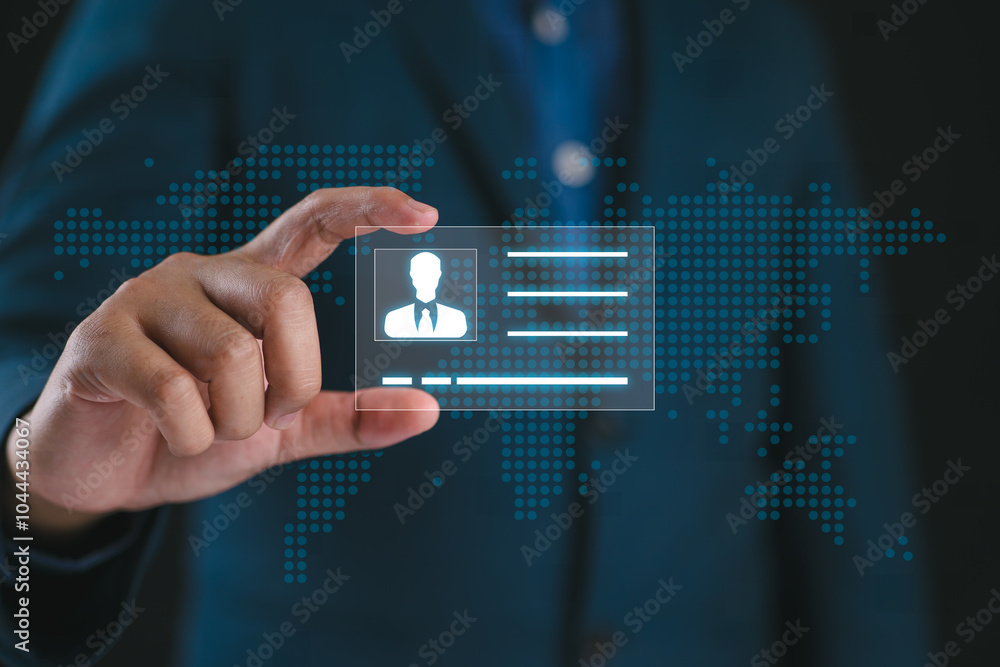 Businessman Holding Digital ID profile Card for Modern Business Authentication and Digital Security Privacy concept Businessman Holding Digital ID profile Card for Modern Business Authentication and Digital Security Privacy concept