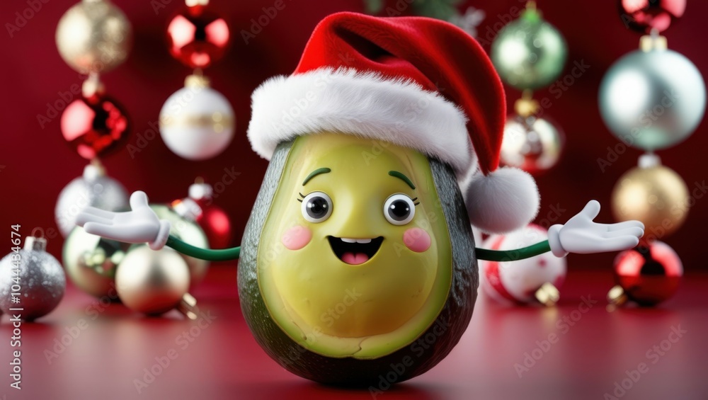 Christmas avocado character, Santa hat, smiling face, anthropomorphic food, red background, Christmas ornaments, pine branches, festive scene, 3D rendering, realistic textures, holiday cheer, whimsica Christmas avocado character, Santa hat, smiling face, anthropomorphic food, red background, Christmas ornaments, pine branches, festive scene, 3D rendering, realistic textures, holiday cheer, whimsica