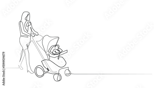 isolated white background, vector illustration, baby carriage, one line drawing, one line vector, single line, continuous line drawing, abstract, baby, beautiful, buggy, care, cheerful, child, childho