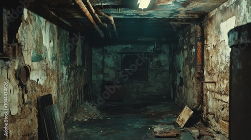 A Rundown, Dark Basement with Rusted Pipes and a Single Window