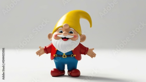 Cheerful garden gnome, vibrant colors, red shirt, blue pants, yellow pointy hat, green gloves, white beard, raised arms, joyful expression, clay texture, 3D rendering, studio lighting, playful charact photo