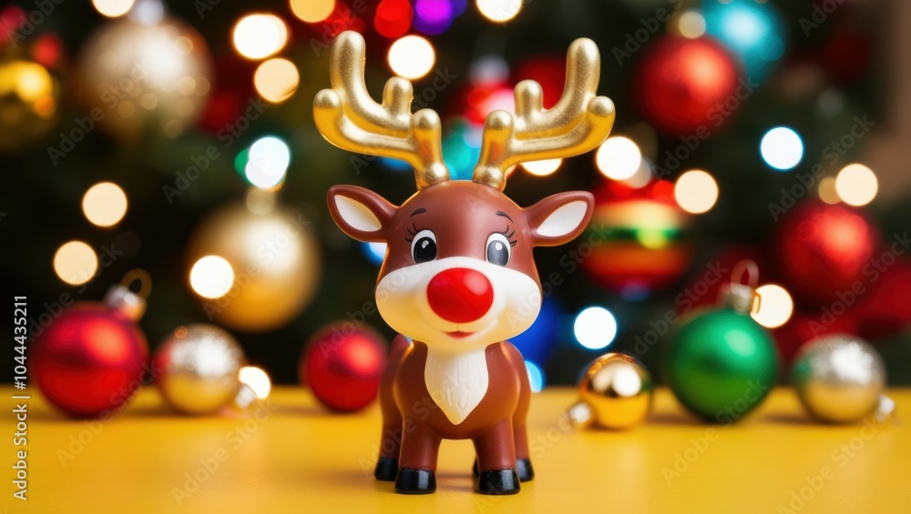 Fototapeta premium Cute reindeer plush toy, smiling, colorful bokeh lights background, Christmas theme, close-up portrait, soft focus, warm tones, festive atmosphere, holiday cheer, adorable character, fuzzy texture, bi