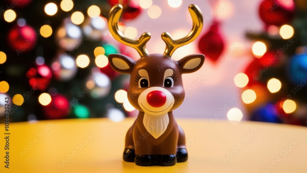 Fototapeta premium Cute reindeer plush toy, smiling, colorful bokeh lights background, Christmas theme, close-up portrait, soft focus, warm tones, festive atmosphere, holiday cheer, adorable character, fuzzy texture, bi