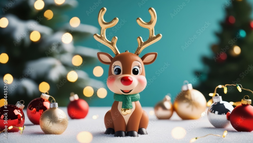Fototapeta premium Cute reindeer plush toy, smiling, colorful bokeh lights background, Christmas theme, close-up portrait, soft focus, warm tones, festive atmosphere, holiday cheer, adorable character, fuzzy texture, bi