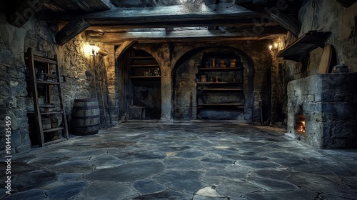 A Stone Cellar with a Fireplace and a Wooden Barrel